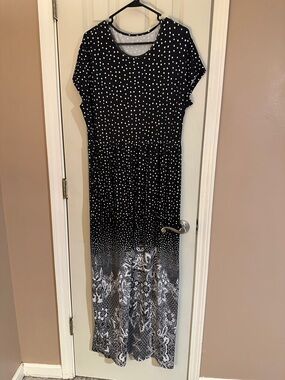 Women’s Black & White Polka Dot Maxi Dress with Floral Hem